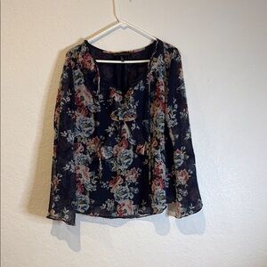 White House Black Market Floral Blouse - Navy and Pink